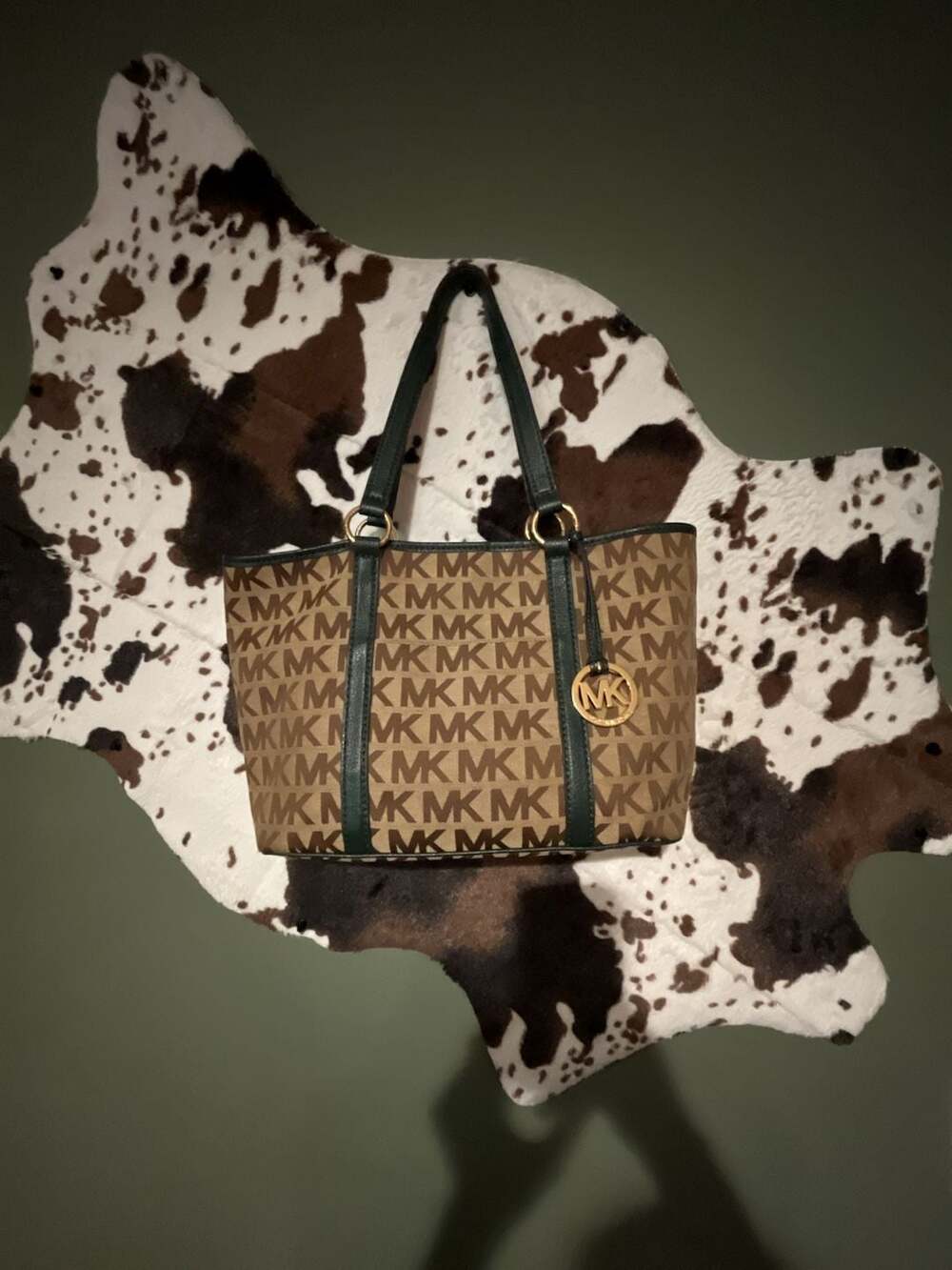 Michael Kors Signature Logo Monogram Tote Bag with Green Trim